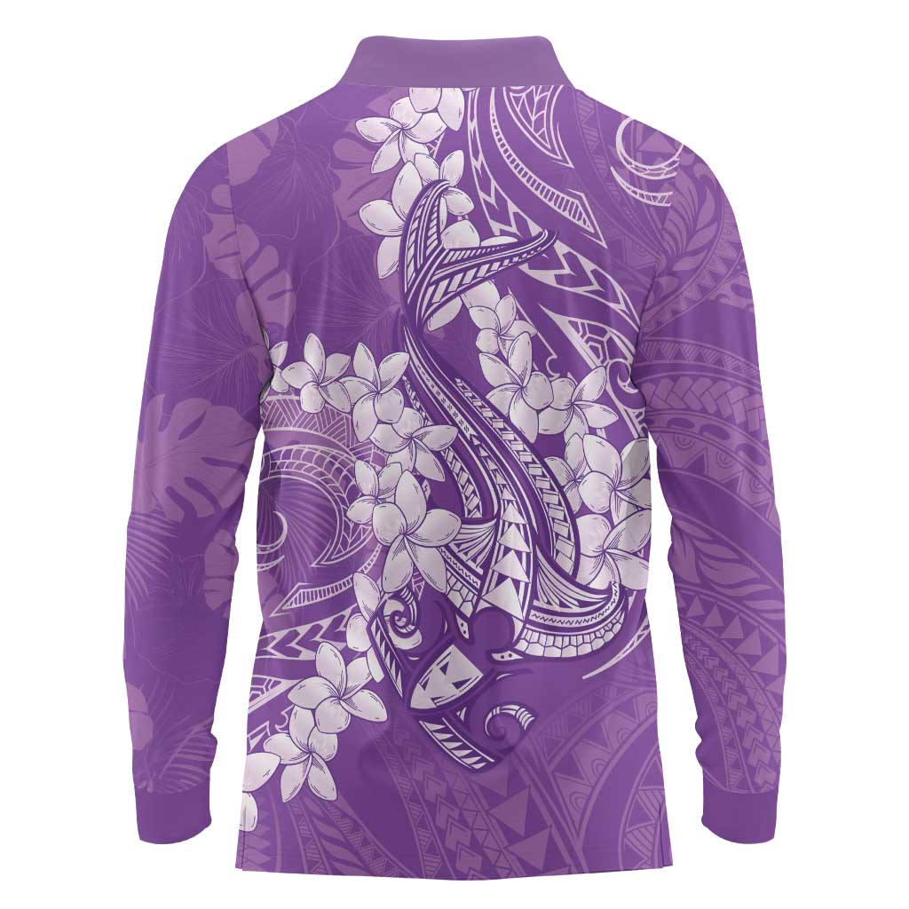 Purple Polynesia Hammerhead Shark Tattoo With Plumeria Lei Long Sleeve Polo Shirt