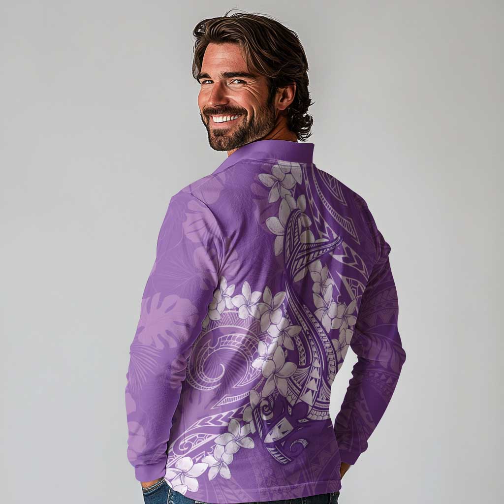 Purple Polynesia Hammerhead Shark Tattoo With Plumeria Lei Long Sleeve Polo Shirt