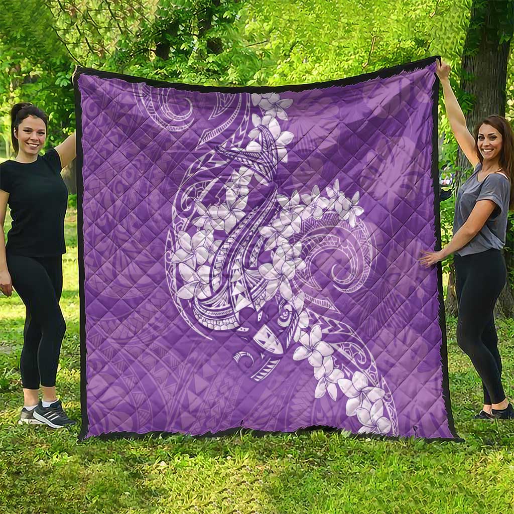 Purple Polynesia Hammerhead Shark Tattoo With Plumeria Lei Quilt