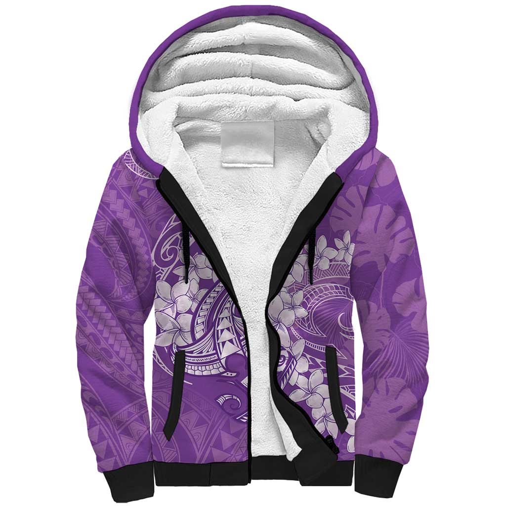 Purple Polynesia Hammerhead Shark Tattoo With Plumeria Lei Sherpa Hoodie LT14 Unisex Purple - Polynesian Pride