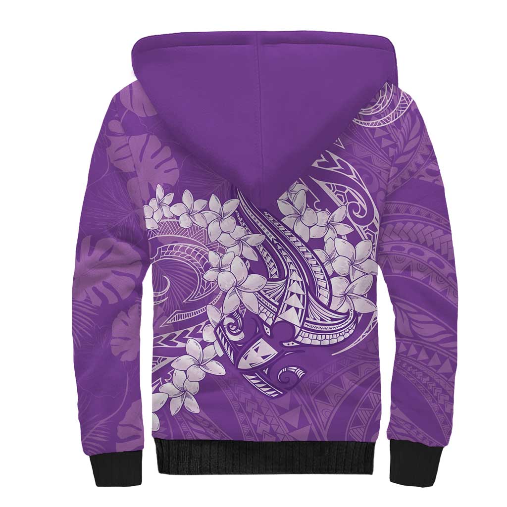 Purple Polynesia Hammerhead Shark Tattoo With Plumeria Lei Sherpa Hoodie LT14 - Polynesian Pride