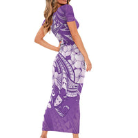 Purple Polynesia Hammerhead Shark Tattoo With Plumeria Lei Short Sleeve Bodycon Dress