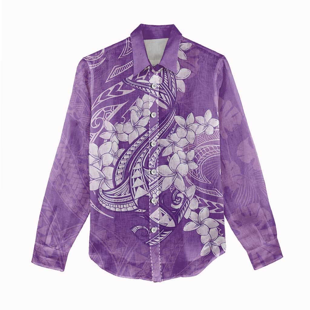 Purple Polynesia Hammerhead Shark Tattoo With Plumeria Lei Women Casual Shirt