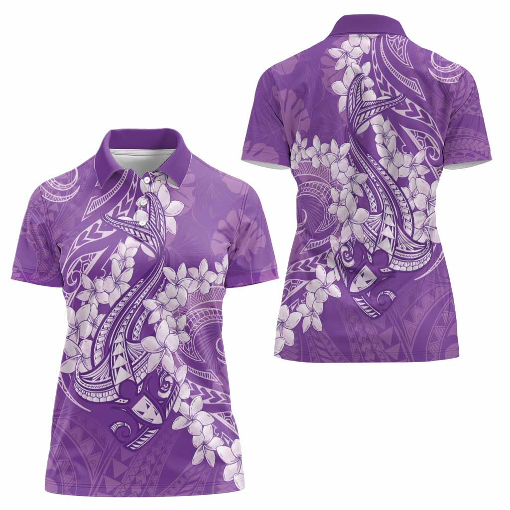 Purple Polynesia Hammerhead Shark Tattoo With Plumeria Lei Women Polo Shirt