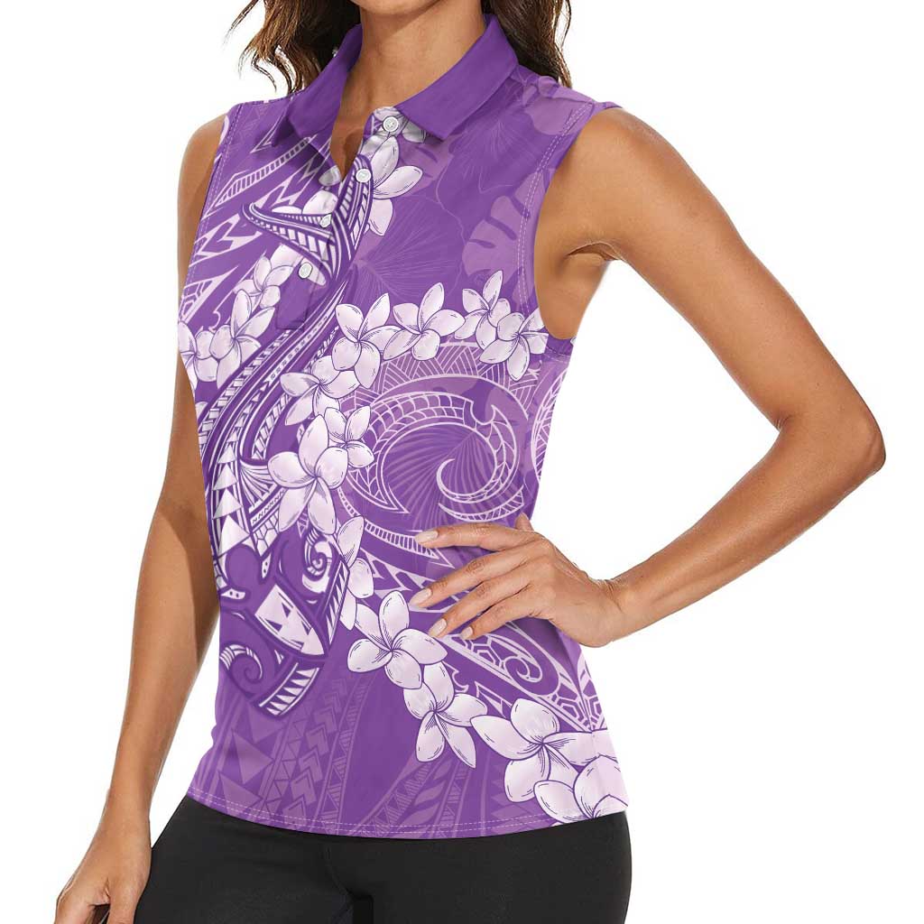 Purple Polynesia Hammerhead Shark Tattoo With Plumeria Lei Women Sleeveless Polo Shirt