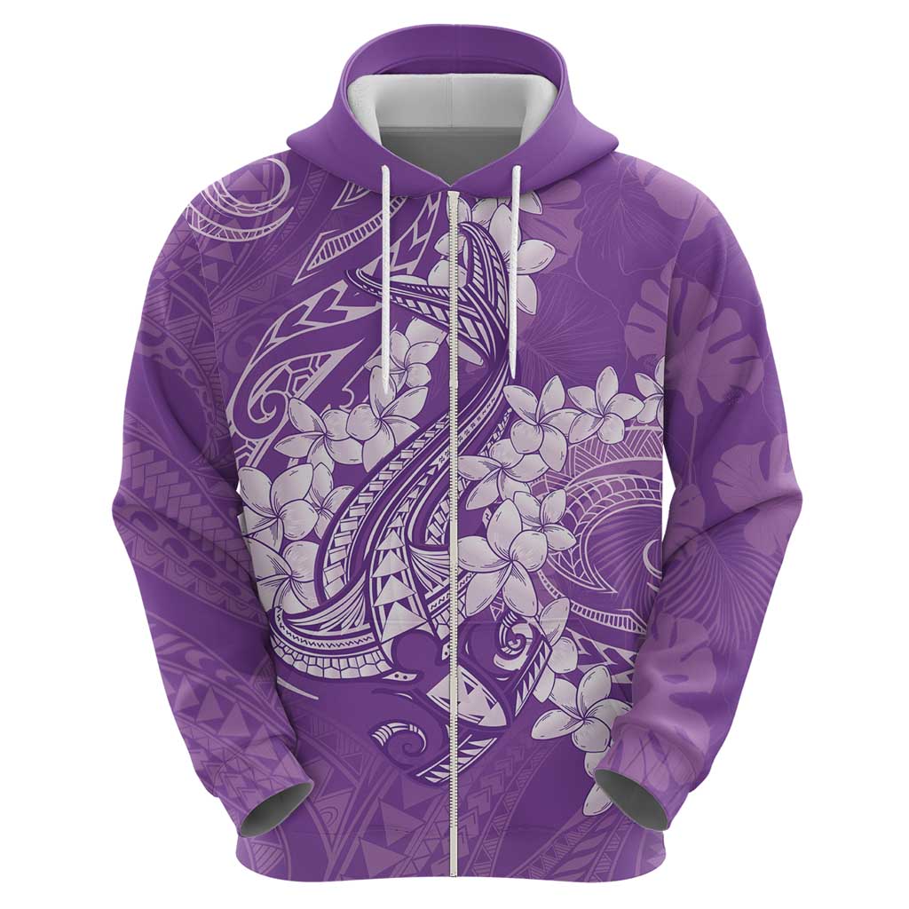 Purple Polynesia Hammerhead Shark Tattoo With Plumeria Lei Zip Hoodie