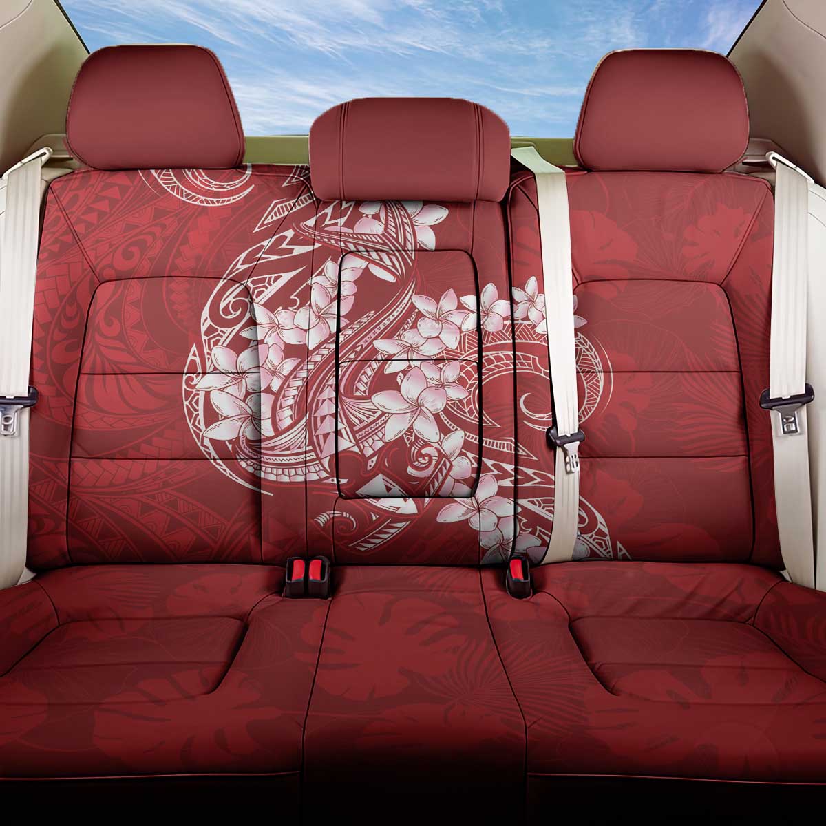 Red Polynesia Hammerhead Shark Tattoo With Plumeria Lei Back Car Seat Cover