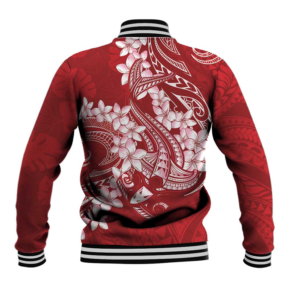 Red Polynesia Hammerhead Shark Tattoo With Plumeria Lei Baseball Jacket LT14 - Polynesian Pride