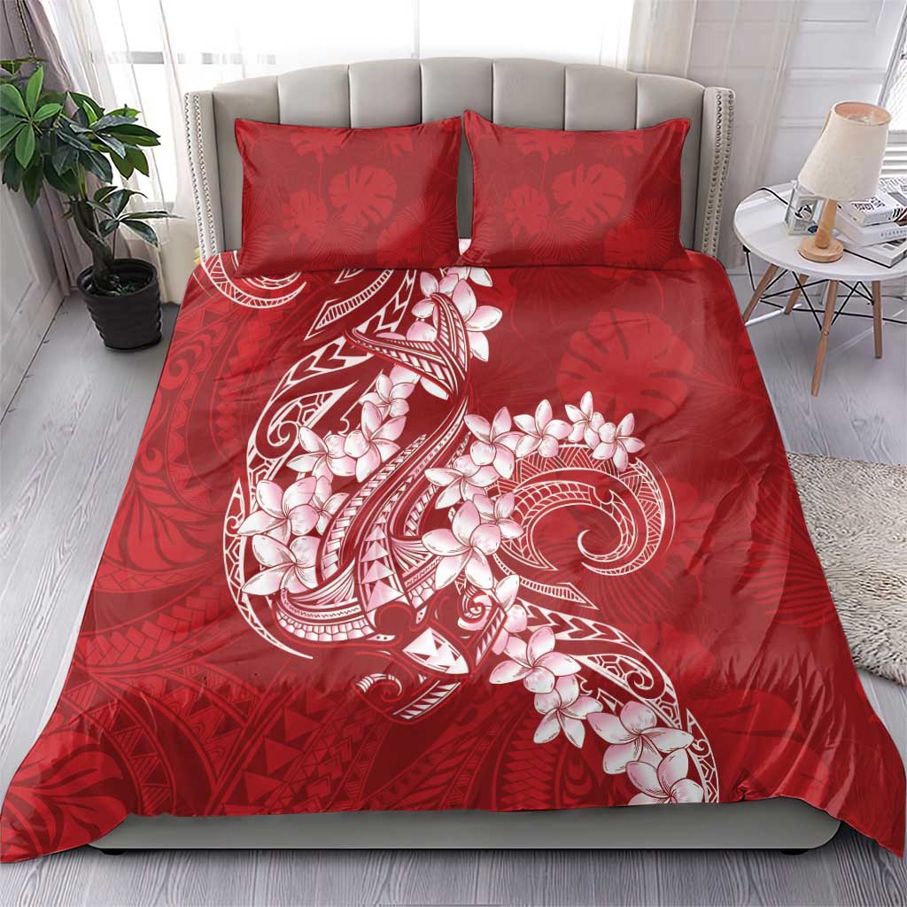 Red Polynesia Hammerhead Shark Tattoo With Plumeria Lei Bedding Set