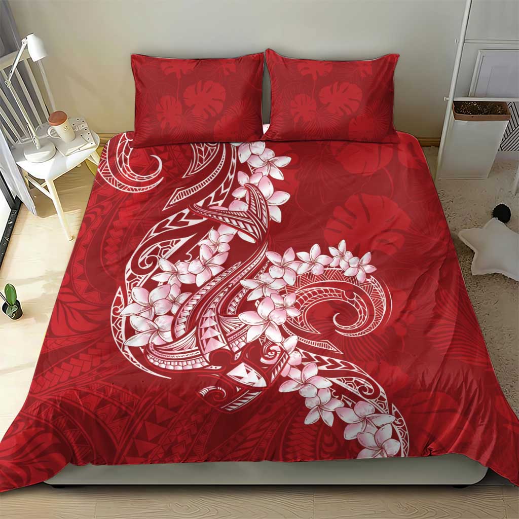 Red Polynesia Hammerhead Shark Tattoo With Plumeria Lei Bedding Set