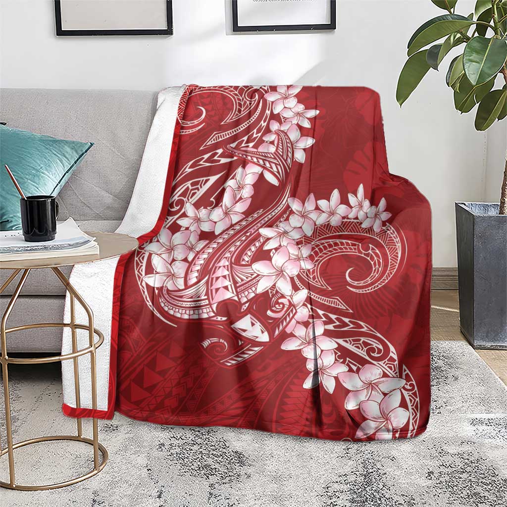 Red Polynesia Hammerhead Shark Tattoo With Plumeria Lei Blanket LT14 - Polynesian Pride