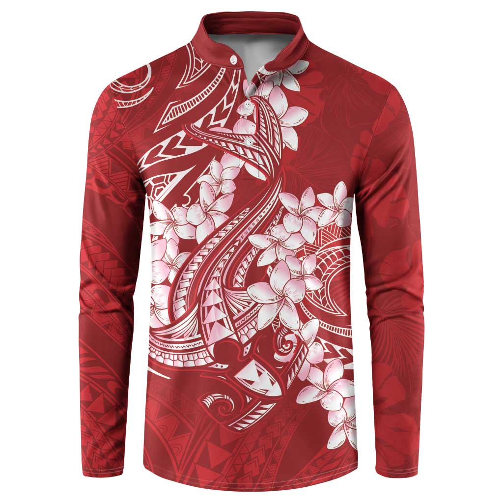 Red Polynesia Hammerhead Shark Tattoo With Plumeria Lei Button Sweatshirt