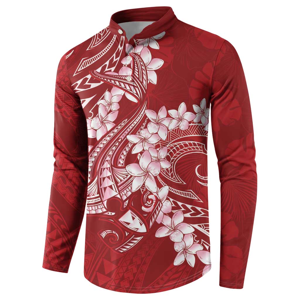 Red Polynesia Hammerhead Shark Tattoo With Plumeria Lei Button Sweatshirt