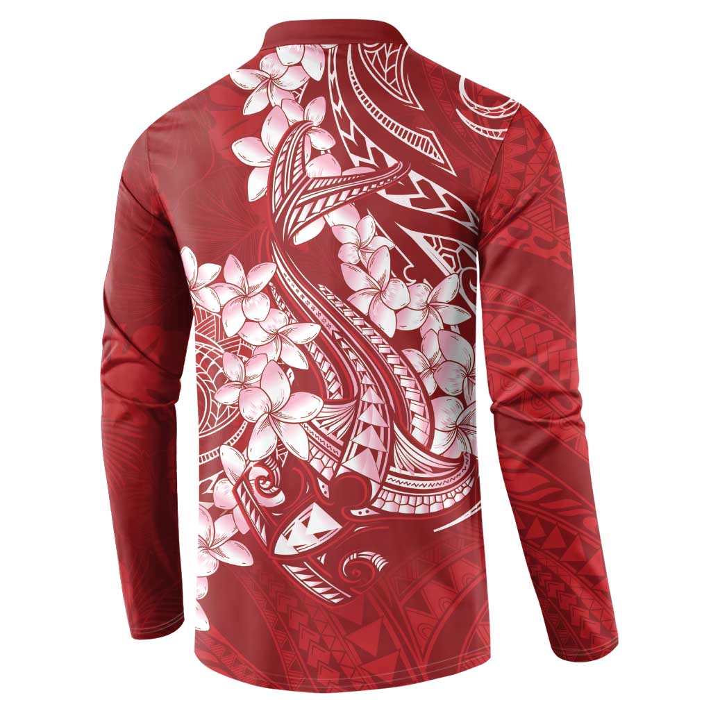 Red Polynesia Hammerhead Shark Tattoo With Plumeria Lei Button Sweatshirt