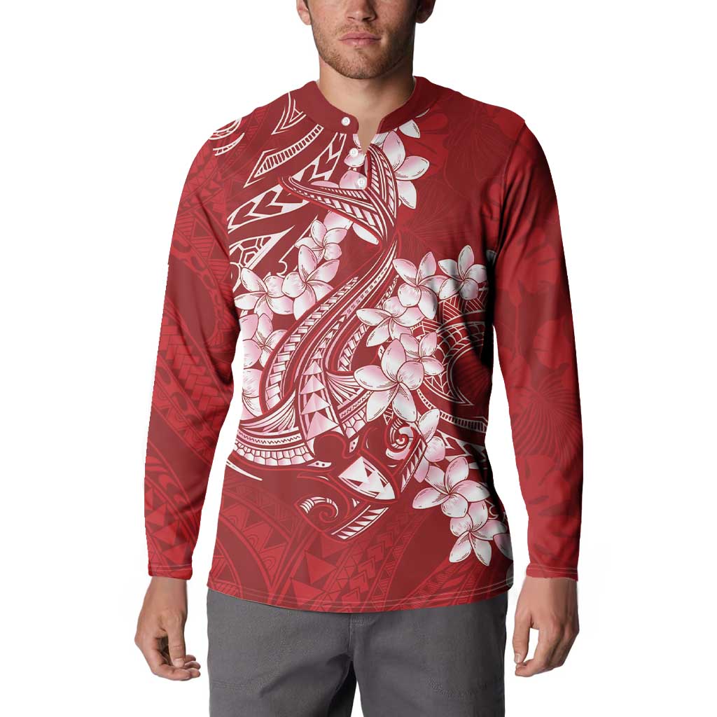Red Polynesia Hammerhead Shark Tattoo With Plumeria Lei Button Sweatshirt