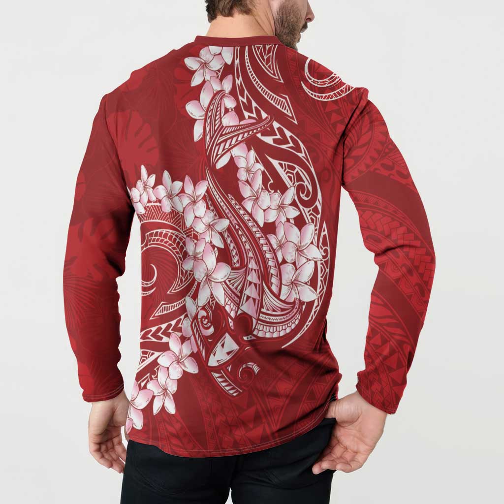 Red Polynesia Hammerhead Shark Tattoo With Plumeria Lei Button Sweatshirt