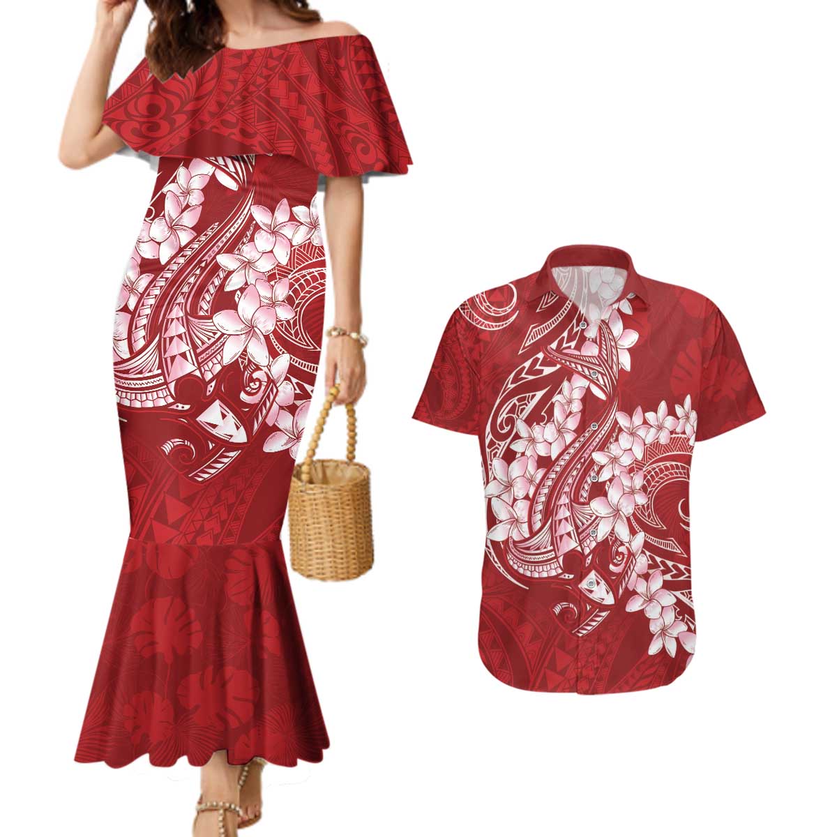 Red Polynesia Hammerhead Shark Tattoo With Plumeria Lei Couples Matching Mermaid Dress and Hawaiian Shirt LT14 Red - Polynesian Pride