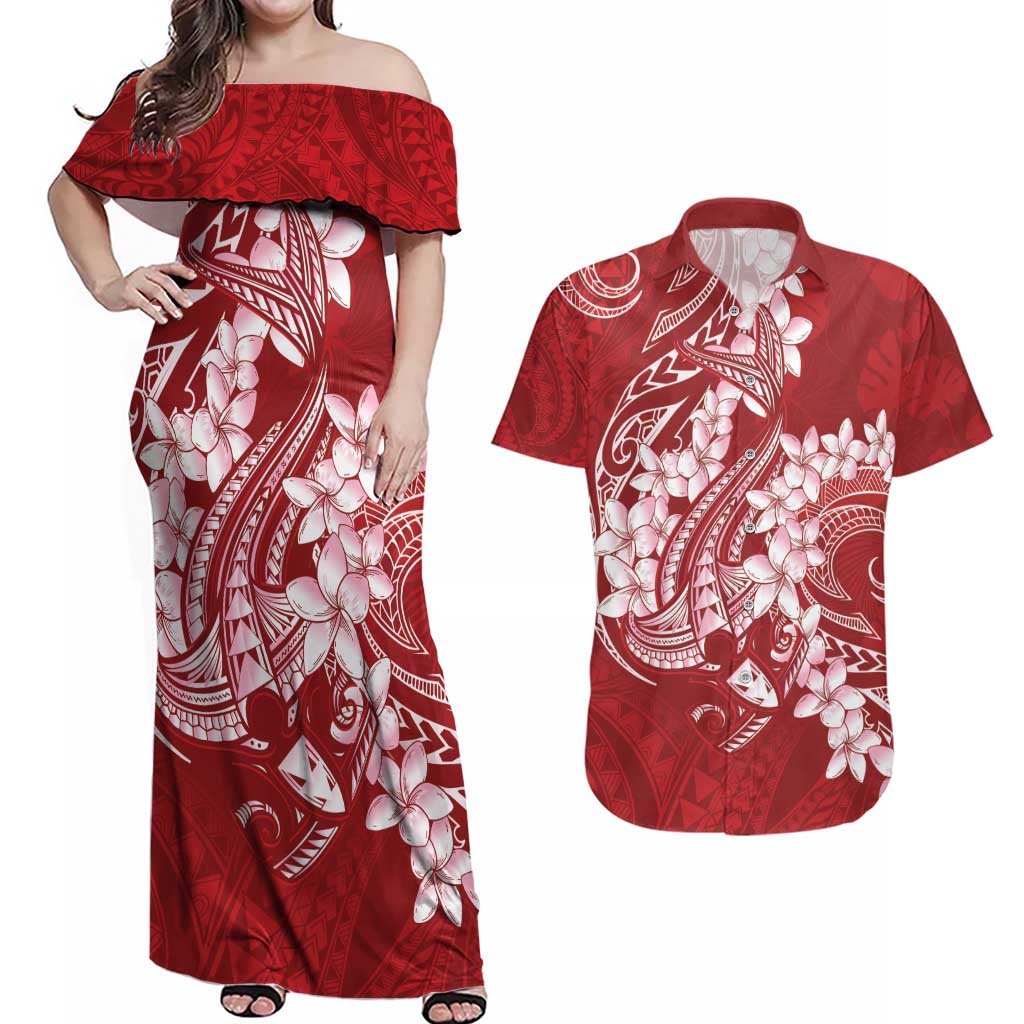 Red Polynesia Hammerhead Shark Tattoo With Plumeria Lei Couples Matching Off Shoulder Maxi Dress and Hawaiian Shirt LT14 Red - Polynesian Pride