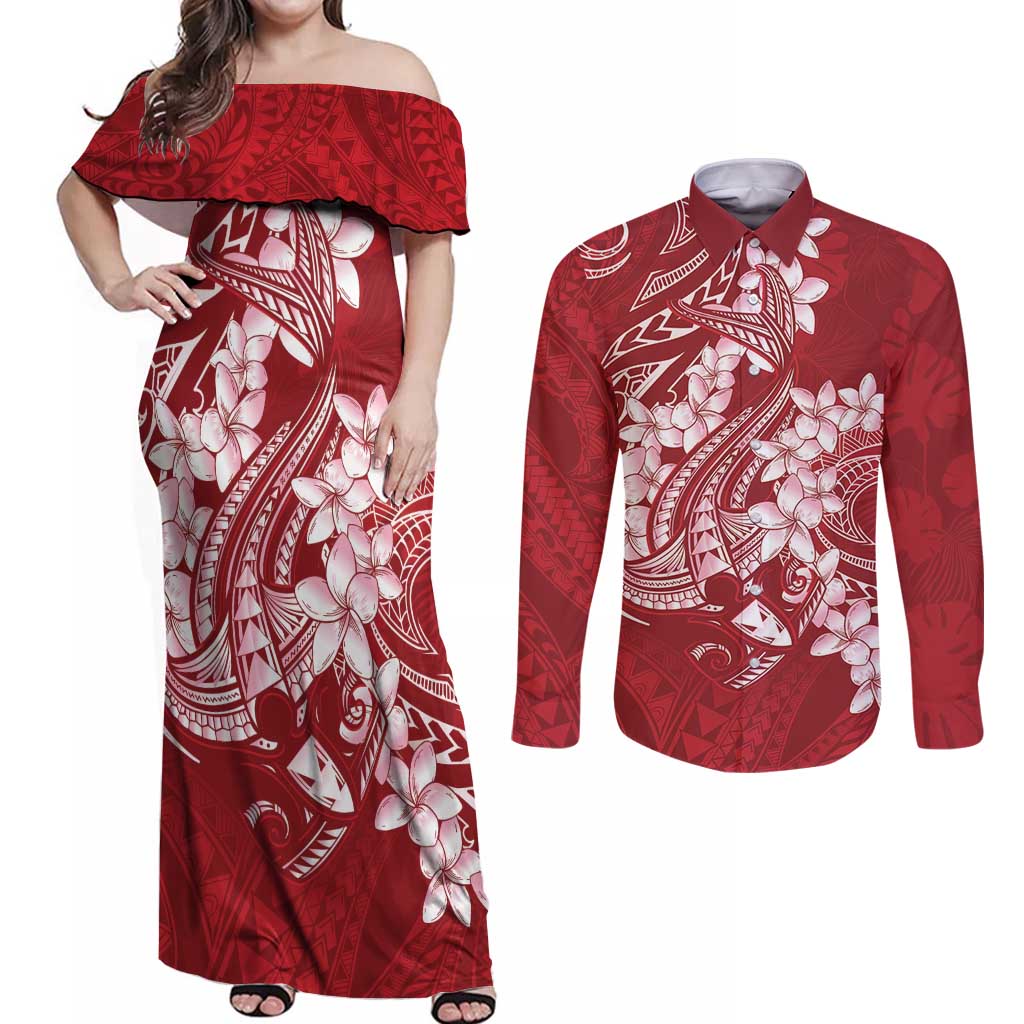 Red Polynesia Hammerhead Shark Tattoo With Plumeria Lei Couples Matching Off Shoulder Maxi Dress and Long Sleeve Button Shirt
