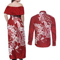 Red Polynesia Hammerhead Shark Tattoo With Plumeria Lei Couples Matching Off Shoulder Maxi Dress and Long Sleeve Button Shirt
