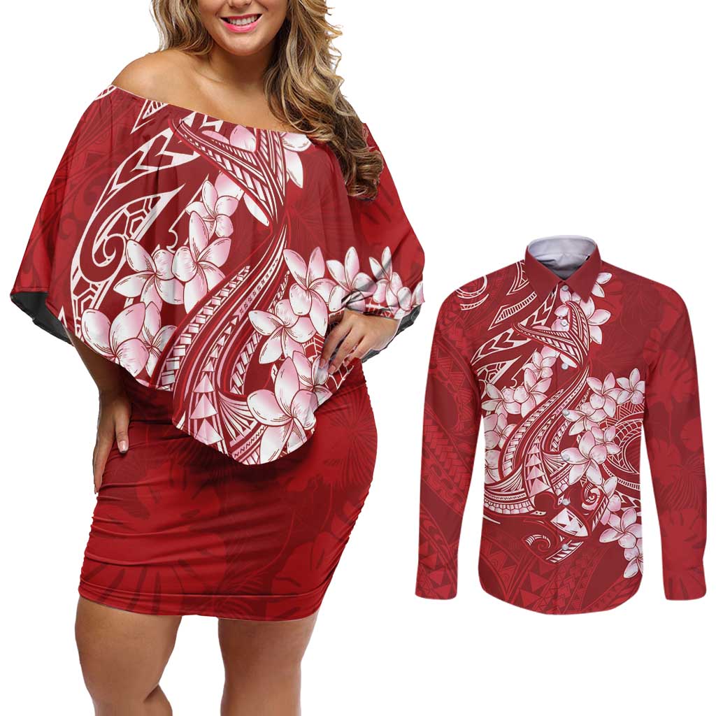 Red Polynesia Hammerhead Shark Tattoo With Plumeria Lei Couples Matching Off Shoulder Short Dress and Long Sleeve Button Shirt LT14 Red - Polynesian Pride
