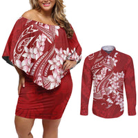 Red Polynesia Hammerhead Shark Tattoo With Plumeria Lei Couples Matching Off Shoulder Short Dress and Long Sleeve Button Shirt LT14 Red - Polynesian Pride