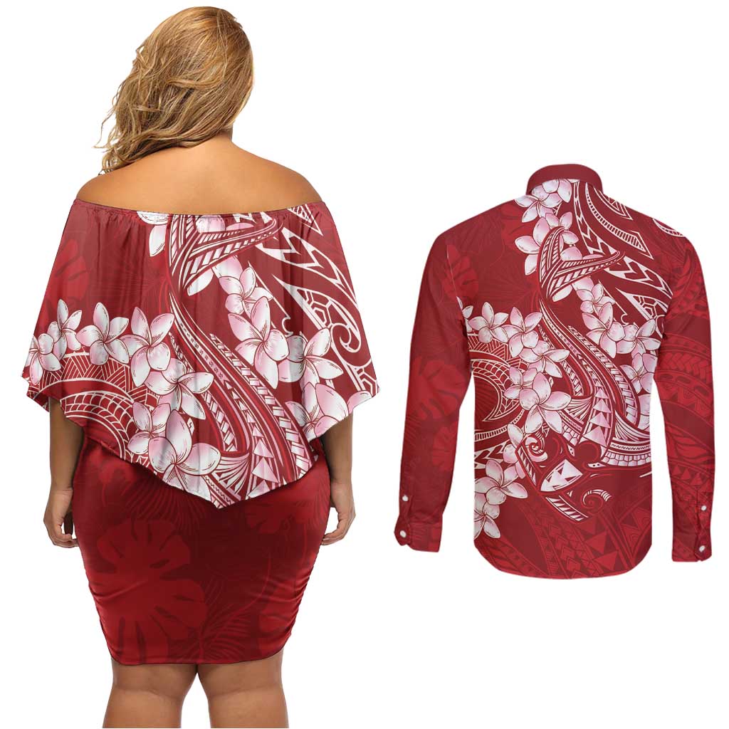 Red Polynesia Hammerhead Shark Tattoo With Plumeria Lei Couples Matching Off Shoulder Short Dress and Long Sleeve Button Shirt LT14 - Polynesian Pride
