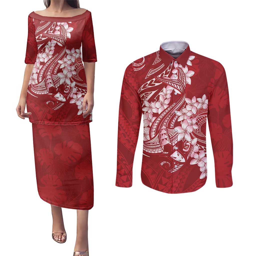 Red Polynesia Hammerhead Shark Tattoo With Plumeria Lei Couples Matching Puletasi and Long Sleeve Button Shirt LT14 Red - Polynesian Pride