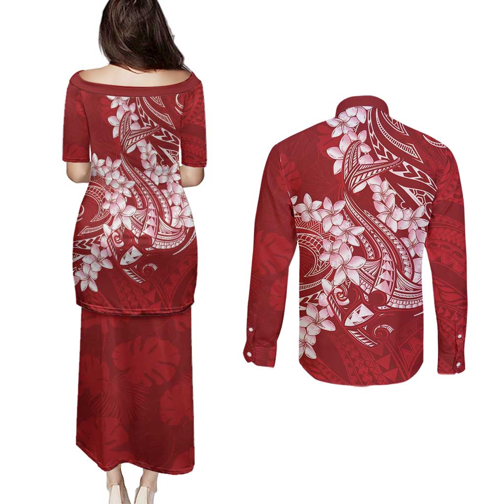 Red Polynesia Hammerhead Shark Tattoo With Plumeria Lei Couples Matching Puletasi and Long Sleeve Button Shirt LT14 - Polynesian Pride