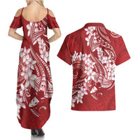 Red Polynesia Hammerhead Shark Tattoo With Plumeria Lei Couples Matching Summer Maxi Dress and Hawaiian Shirt LT14 - Polynesian Pride