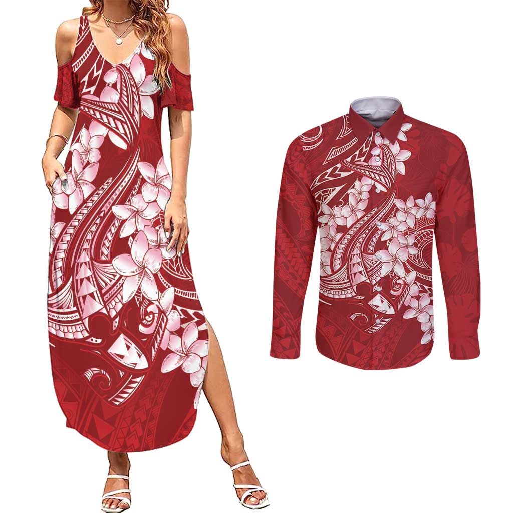 Red Polynesia Hammerhead Shark Tattoo With Plumeria Lei Couples Matching Summer Maxi Dress and Long Sleeve Button Shirt LT14 Red - Polynesian Pride