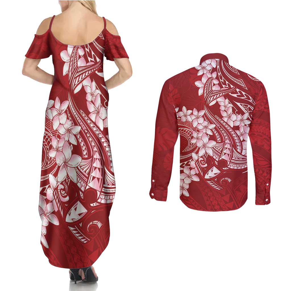 Red Polynesia Hammerhead Shark Tattoo With Plumeria Lei Couples Matching Summer Maxi Dress and Long Sleeve Button Shirt LT14 - Polynesian Pride