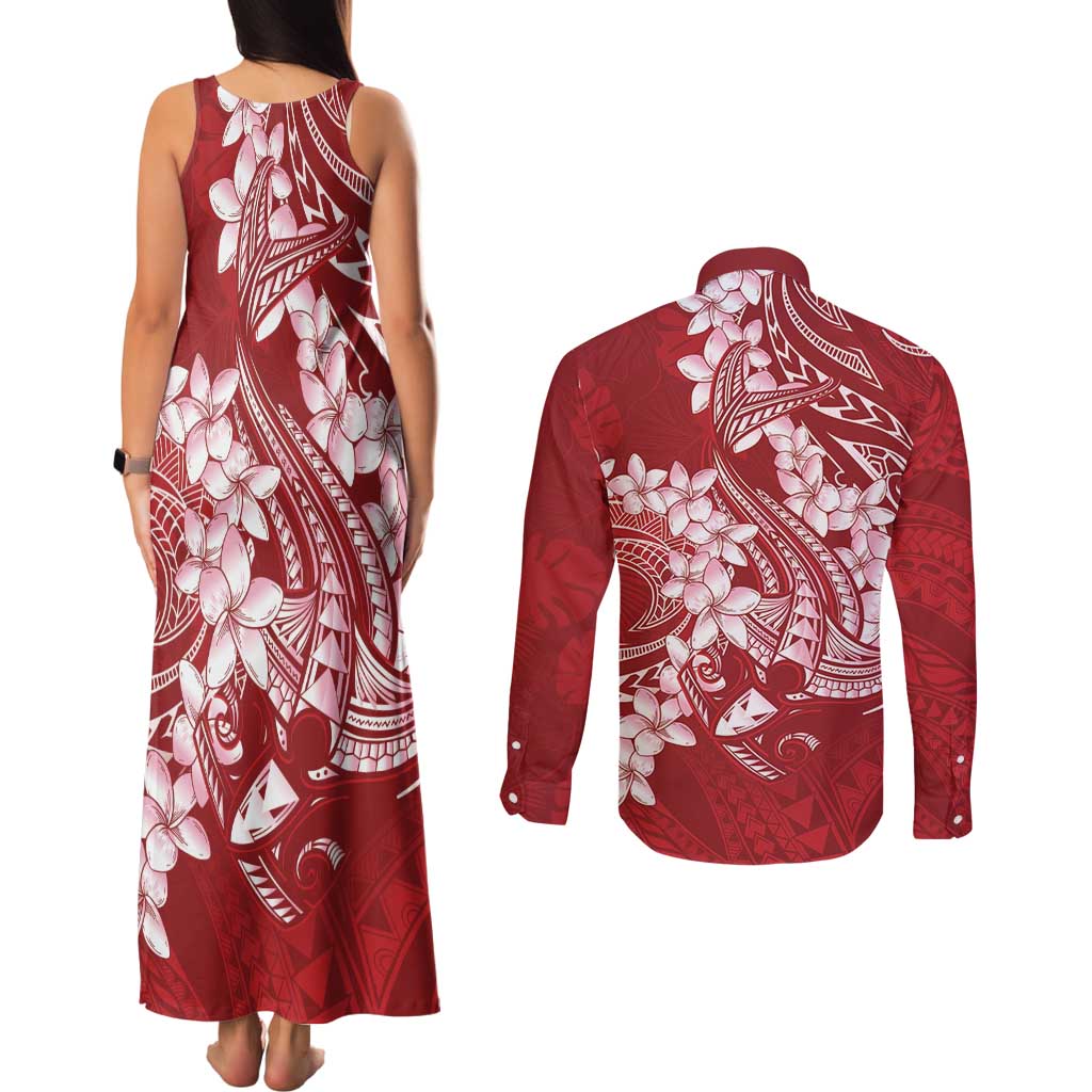 Red Polynesia Hammerhead Shark Tattoo With Plumeria Lei Couples Matching Tank Maxi Dress and Long Sleeve Button Shirt
