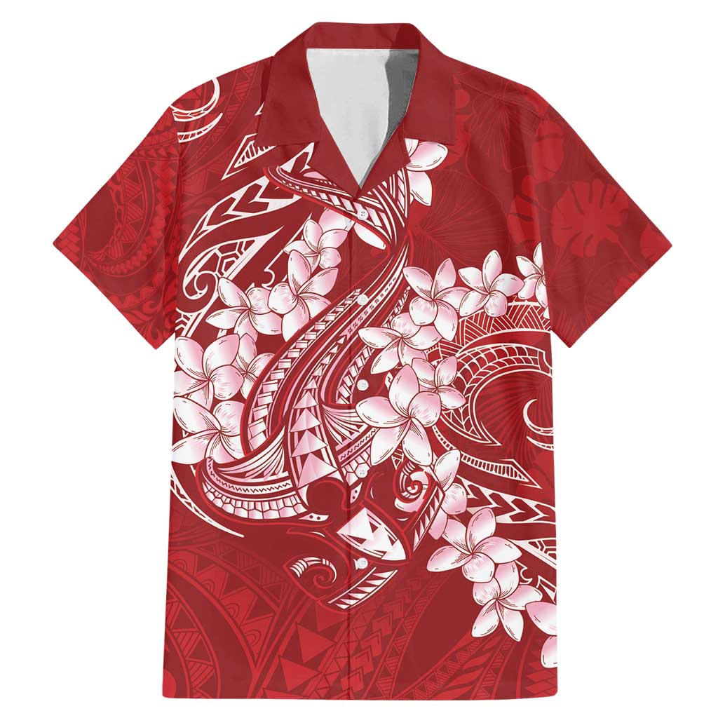 Red Polynesia Hammerhead Shark Tattoo With Plumeria Lei Family Matching Mermaid Dress and Hawaiian Shirt