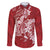 Red Polynesia Hammerhead Shark Tattoo With Plumeria Lei Family Matching Off The Shoulder Long Sleeve Dress and Hawaiian Shirt