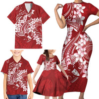 Red Polynesia Hammerhead Shark Tattoo With Plumeria Lei Family Matching Short Sleeve Bodycon Dress and Hawaiian Shirt