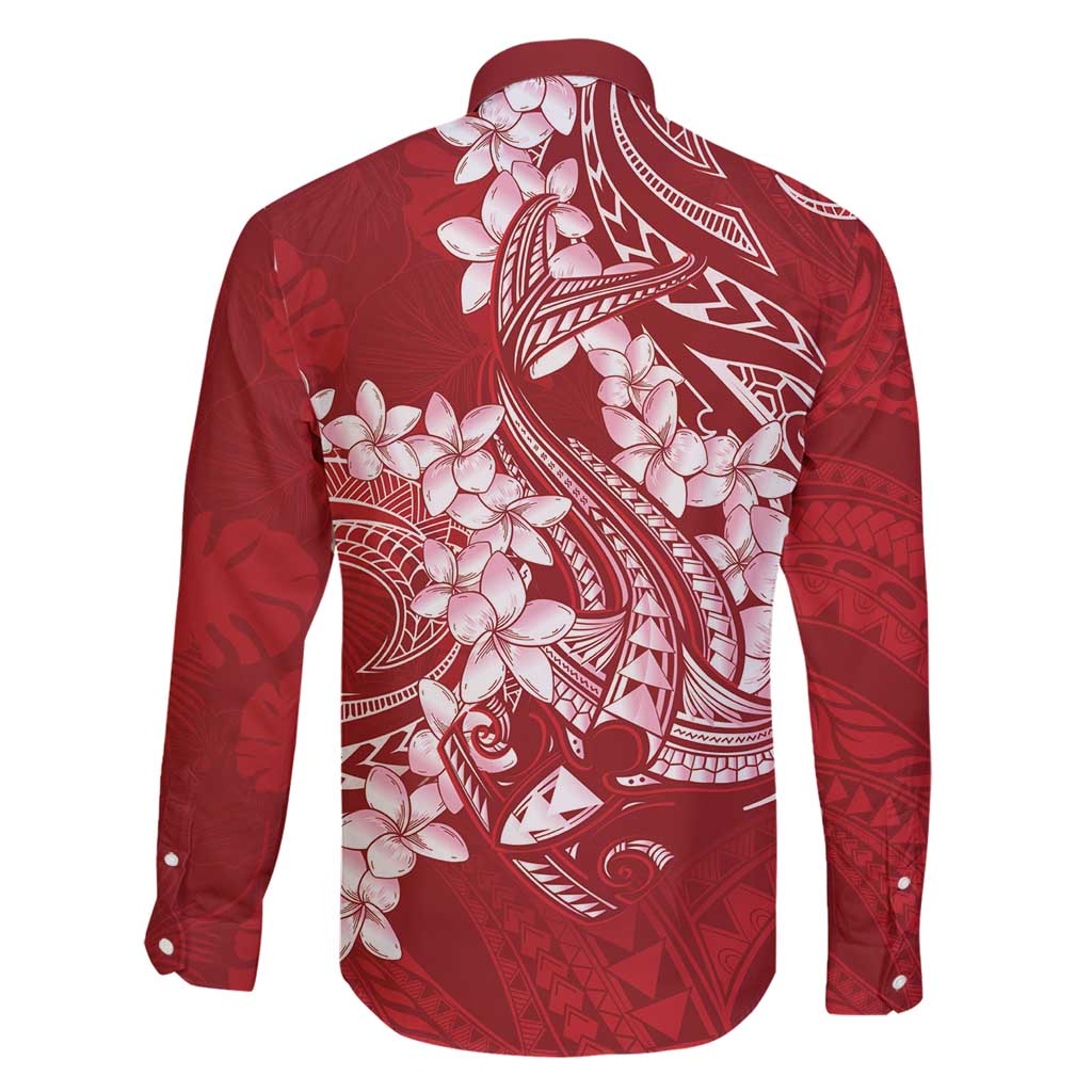 Red Polynesia Hammerhead Shark Tattoo With Plumeria Lei Family Matching Summer Maxi Dress and Hawaiian Shirt