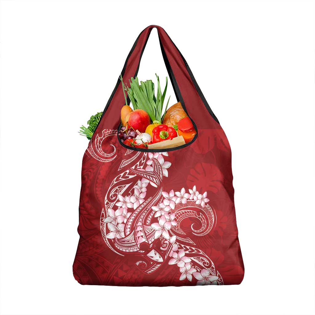 Red Polynesia Hammerhead Shark Tattoo With Plumeria Lei Grocery Bag LT14 1-pack One Size Red - Polynesian Pride