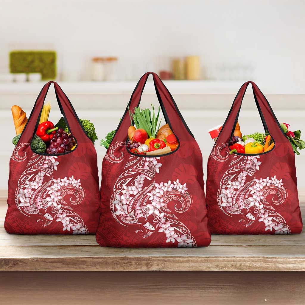 Red Polynesia Hammerhead Shark Tattoo With Plumeria Lei Grocery Bag LT14 3-pack One Size Red - Polynesian Pride