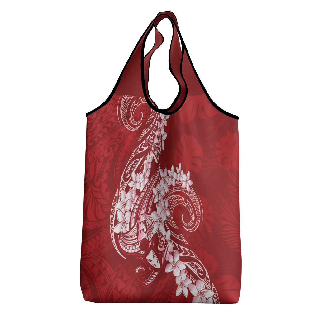 Red Polynesia Hammerhead Shark Tattoo With Plumeria Lei Grocery Bag LT14 - Polynesian Pride