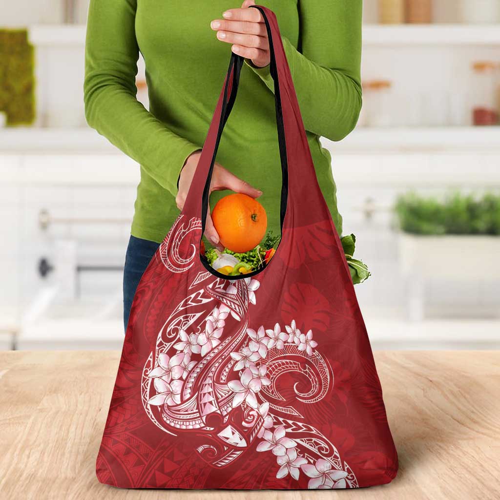 Red Polynesia Hammerhead Shark Tattoo With Plumeria Lei Grocery Bag LT14 - Polynesian Pride
