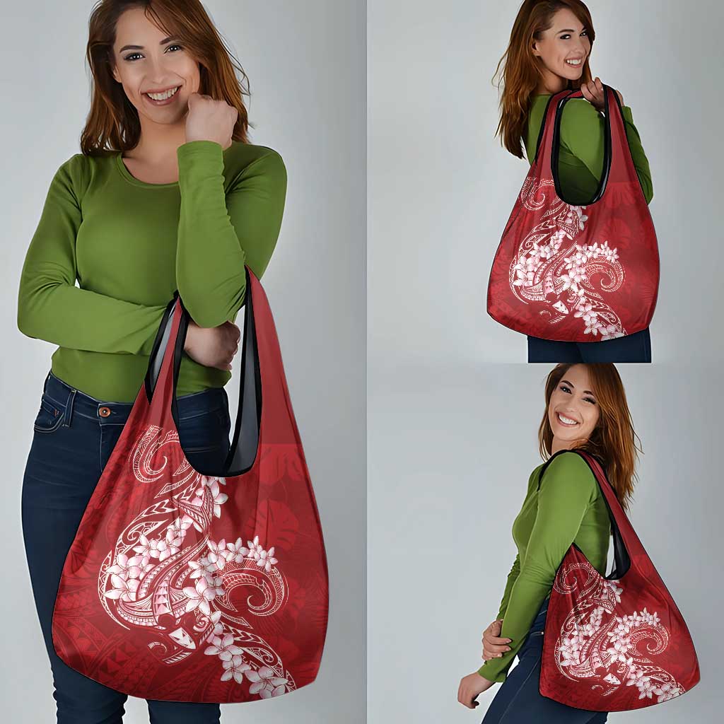 Red Polynesia Hammerhead Shark Tattoo With Plumeria Lei Grocery Bag LT14 - Polynesian Pride
