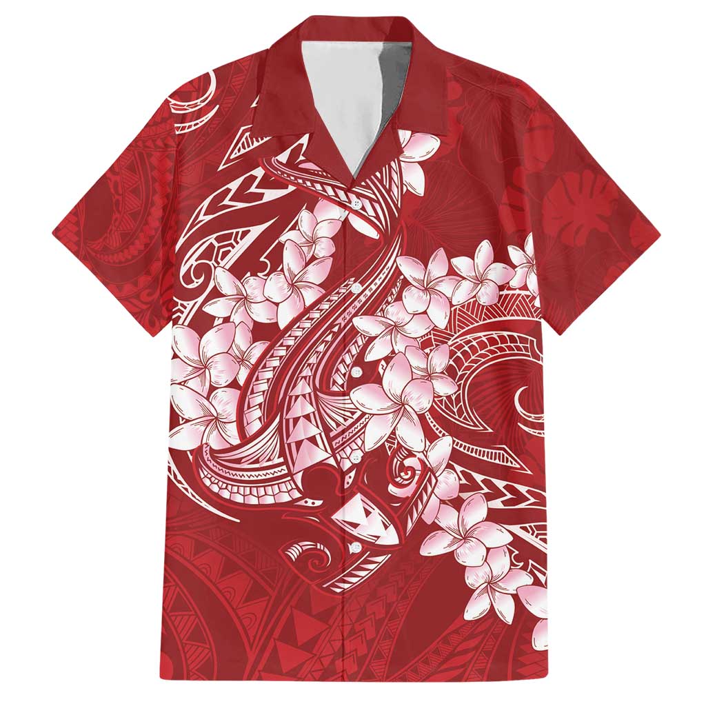 Red Polynesia Hammerhead Shark Tattoo With Plumeria Lei Hawaiian Shirt LT14 Red - Polynesian Pride