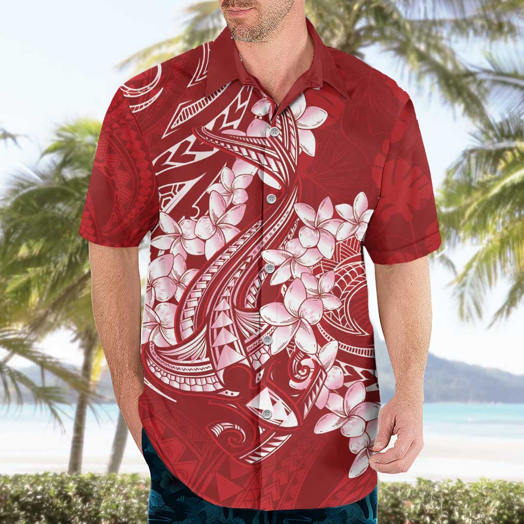 Red Polynesia Hammerhead Shark Tattoo With Plumeria Lei Hawaiian Shirt LT14 - Polynesian Pride