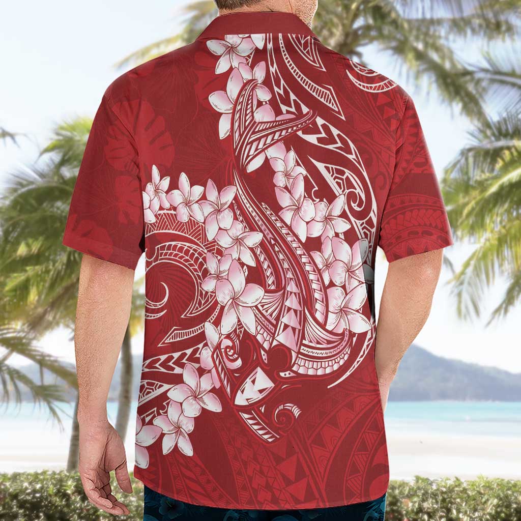 Red Polynesia Hammerhead Shark Tattoo With Plumeria Lei Hawaiian Shirt LT14 - Polynesian Pride