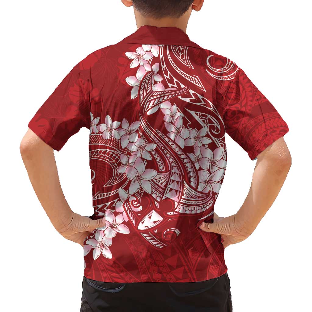 Red Polynesia Hammerhead Shark Tattoo With Plumeria Lei Kid Hawaiian Shirt LT14 - Polynesian Pride