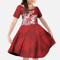 Red Polynesia Hammerhead Shark Tattoo With Plumeria Lei Kid Short Sleeve Dress LT14 KID Red - Polynesian Pride