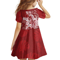 Red Polynesia Hammerhead Shark Tattoo With Plumeria Lei Kid Short Sleeve Dress LT14 - Polynesian Pride