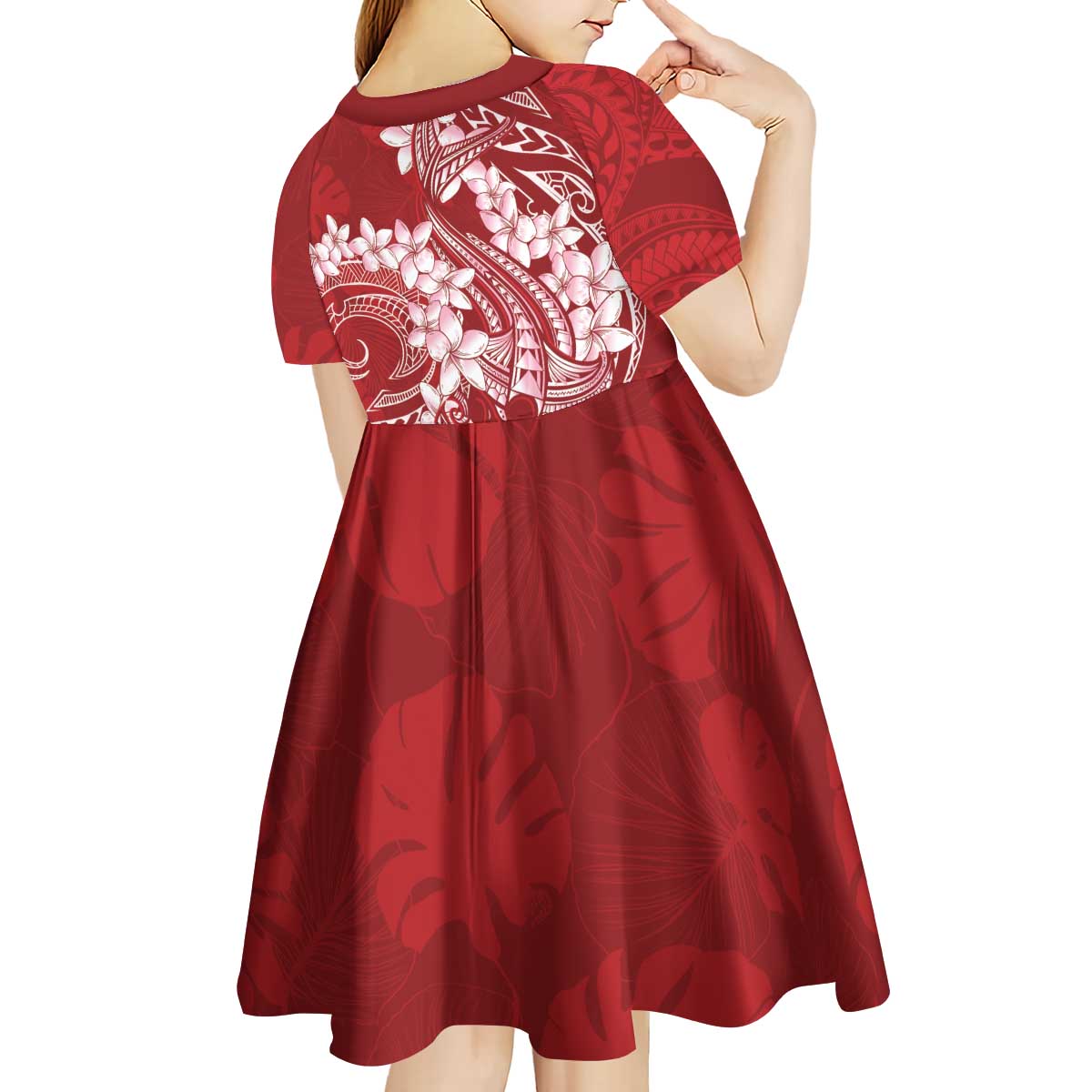 Red Polynesia Hammerhead Shark Tattoo With Plumeria Lei Kid Short Sleeve Dress LT14 - Polynesian Pride