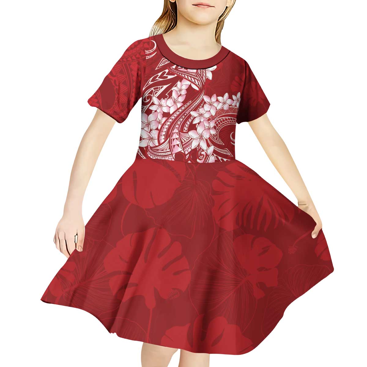 Red Polynesia Hammerhead Shark Tattoo With Plumeria Lei Kid Short Sleeve Dress LT14 - Polynesian Pride